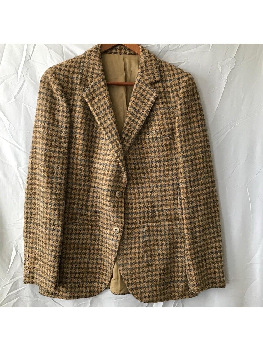 Stanley Blacker Blazer Mens L Tan Houndstooth Wool Sport Coat Vintage